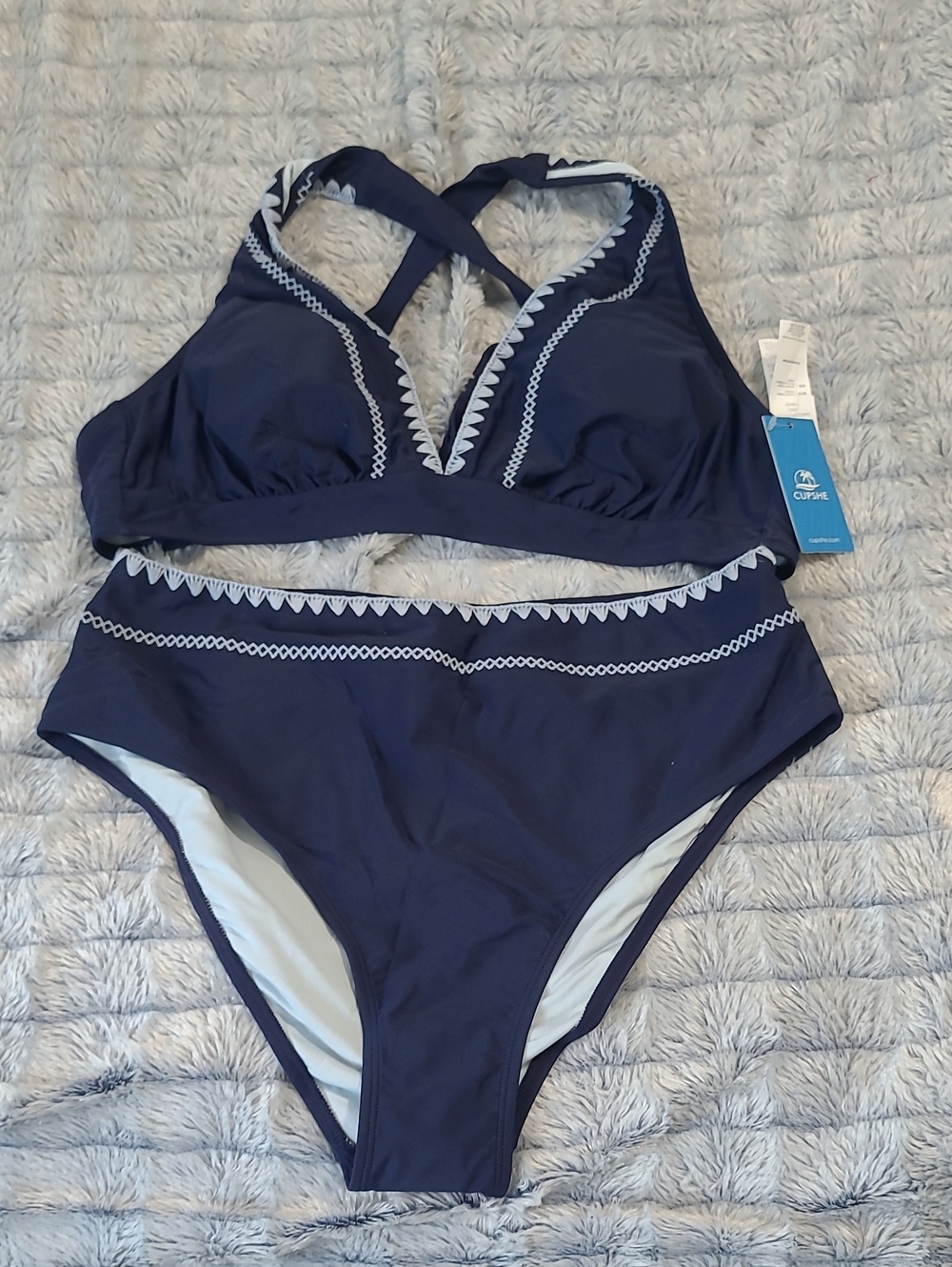 Cupshe Navy & White Embroidered High-Waist Bikini Set